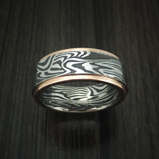 Albatross X - Sunset Kuro Damascus Steel Men's Wedding Ring with 14K Rose Gold Edges Band - view 2 - Nura Lab