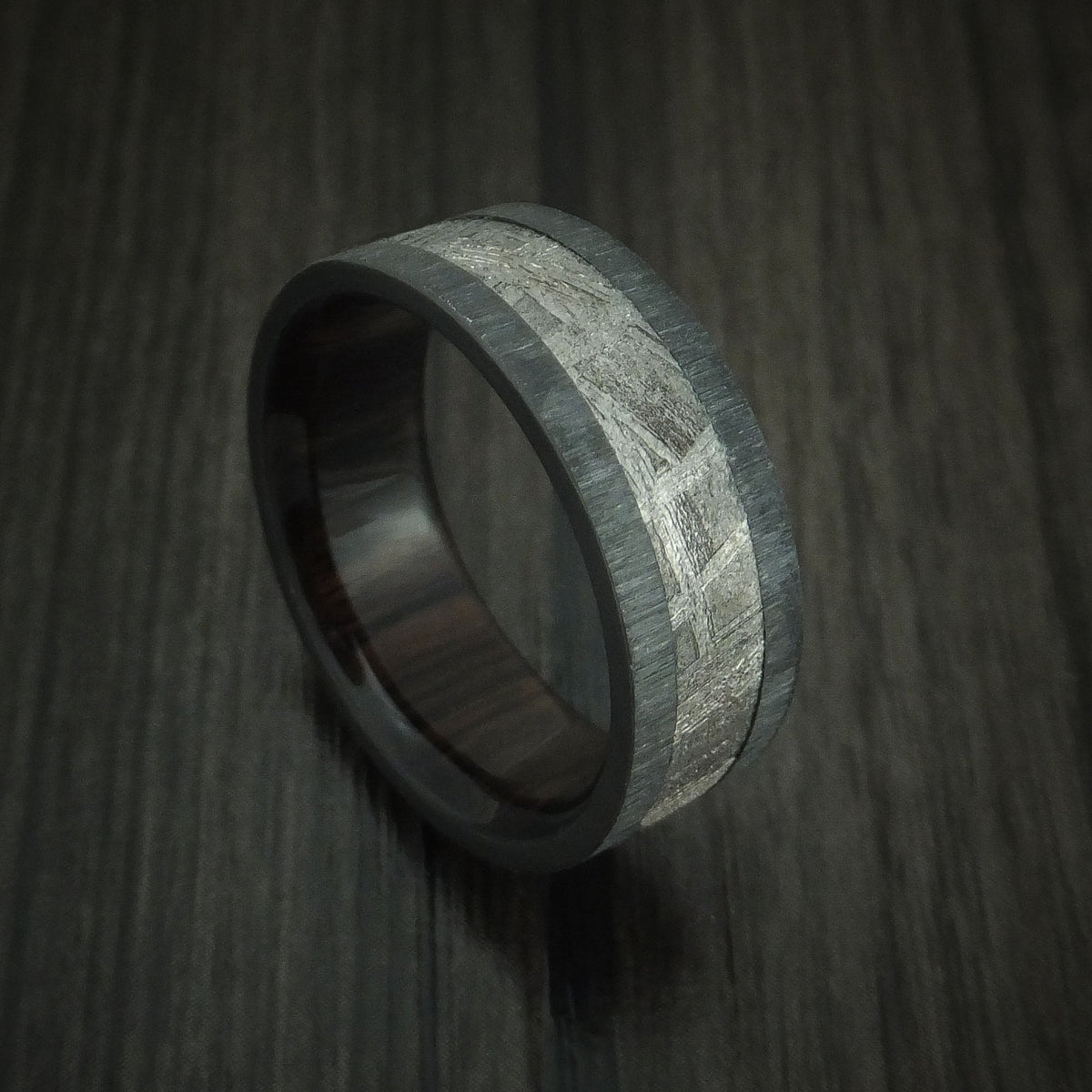 Caesar XII - Black Zirconium Men's Wedding Ring with Gibeon Meteorite and Hardwood Sleeve Band - Nura Lab