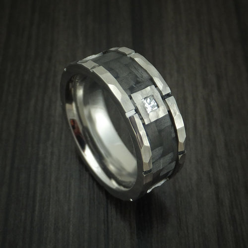 Overlander XIV - Cobalt Chrome Hammered Men's Wedding Ring with Carbon Fiber Inlay and Diamond Custom Band - Nura Lab