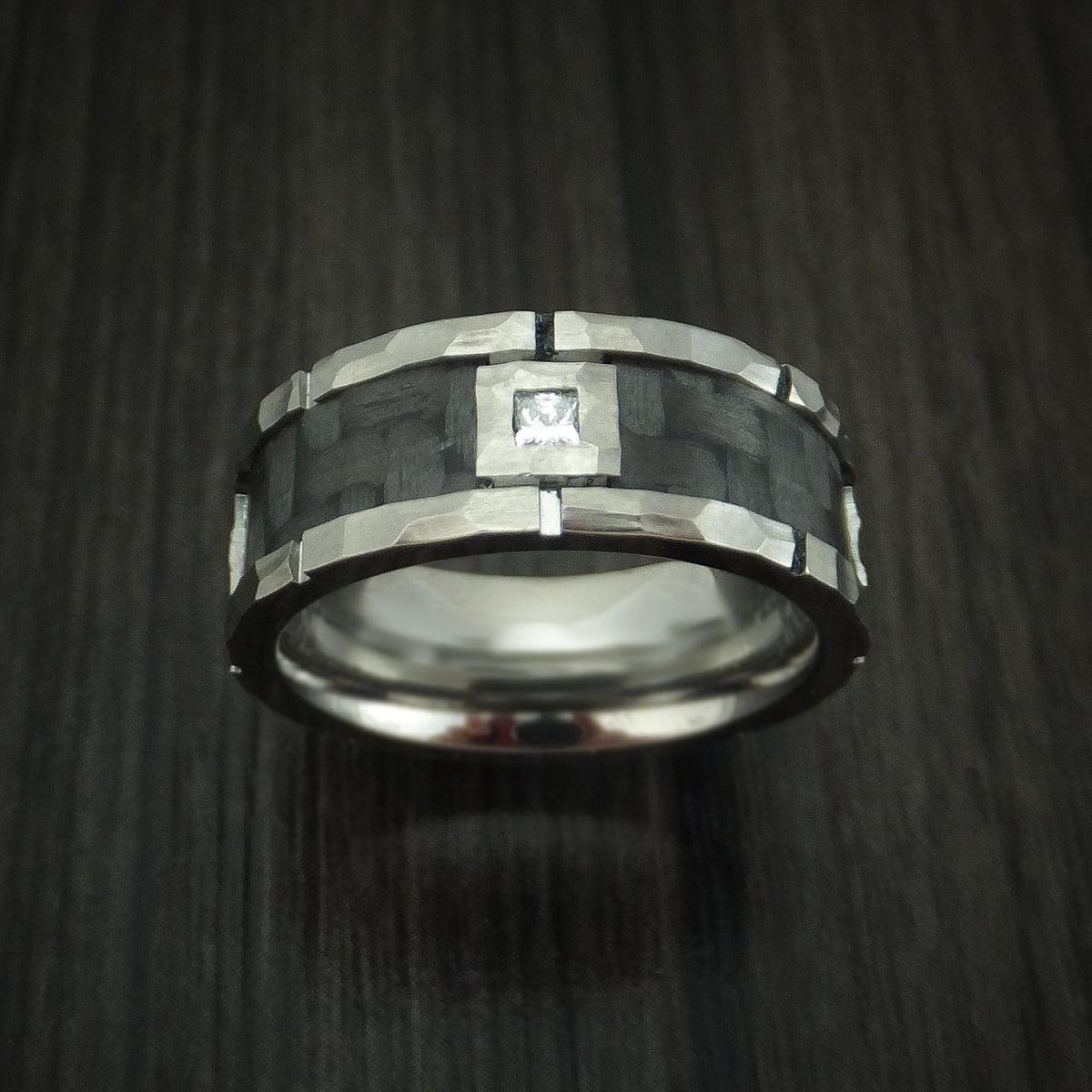 Overlander XIV - Cobalt Chrome Hammered Men's Wedding Ring with Carbon Fiber Inlay and Diamond Custom Band - view 2 - Nura Lab
