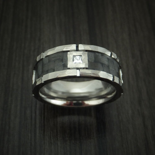 Overlander XIV - Cobalt Chrome Hammered Men's Wedding Ring with Carbon Fiber Inlay and Diamond Custom Band - view 2 - Nura Lab