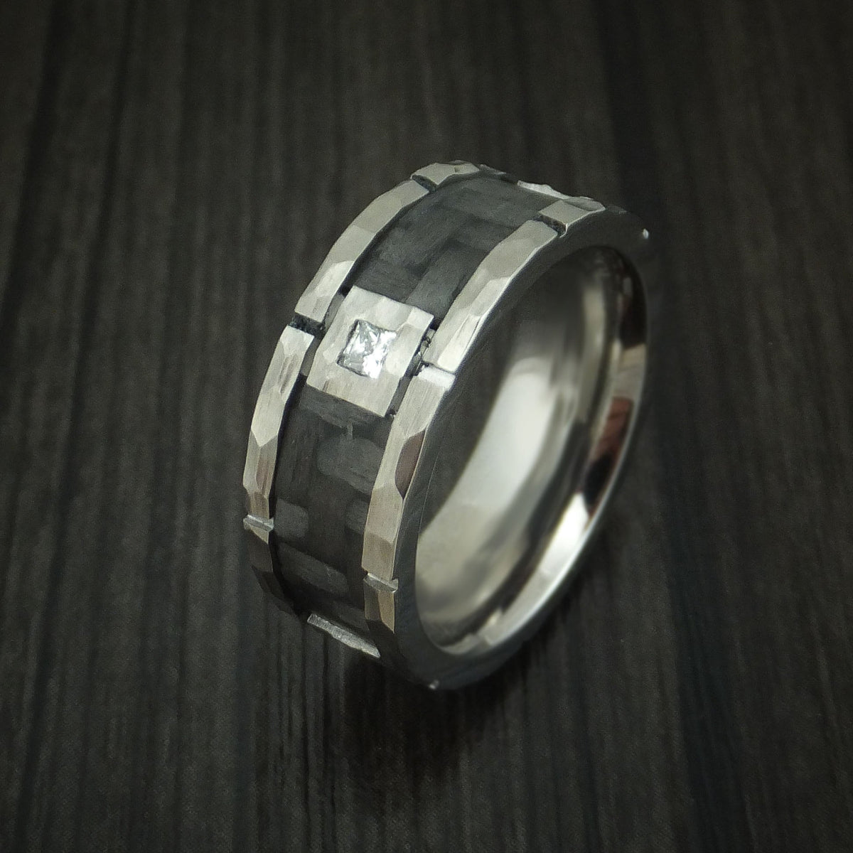 Overlander XIV - Cobalt Chrome Hammered Men's Wedding Ring with Carbon Fiber Inlay and Diamond Custom Band - view 4 - Nura Lab