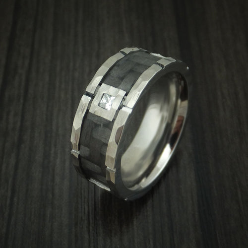 Overlander XIV - Cobalt Chrome Hammered Men's Wedding Ring with Carbon Fiber Inlay and Diamond Custom Band - view 4 - Nura Lab