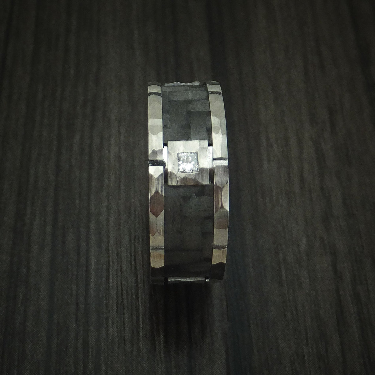 Overlander XIV - Cobalt Chrome Hammered Men's Wedding Ring with Carbon Fiber Inlay and Diamond Custom Band - view 3 - Nura Lab