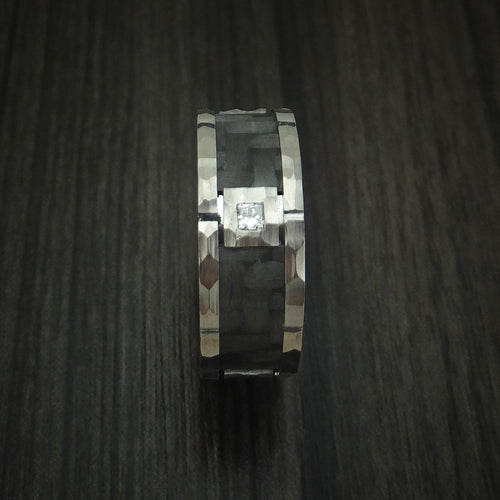 Overlander XIV - Cobalt Chrome Hammered Men's Wedding Ring with Carbon Fiber Inlay and Diamond Custom Band - view 3 - Nura Lab