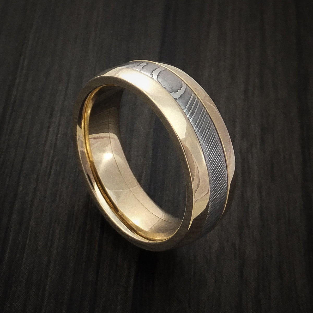 Waitakere XI - Damascus Steel 10k Yellow Gold Men's Ring Wedding Ring - Nura Lab