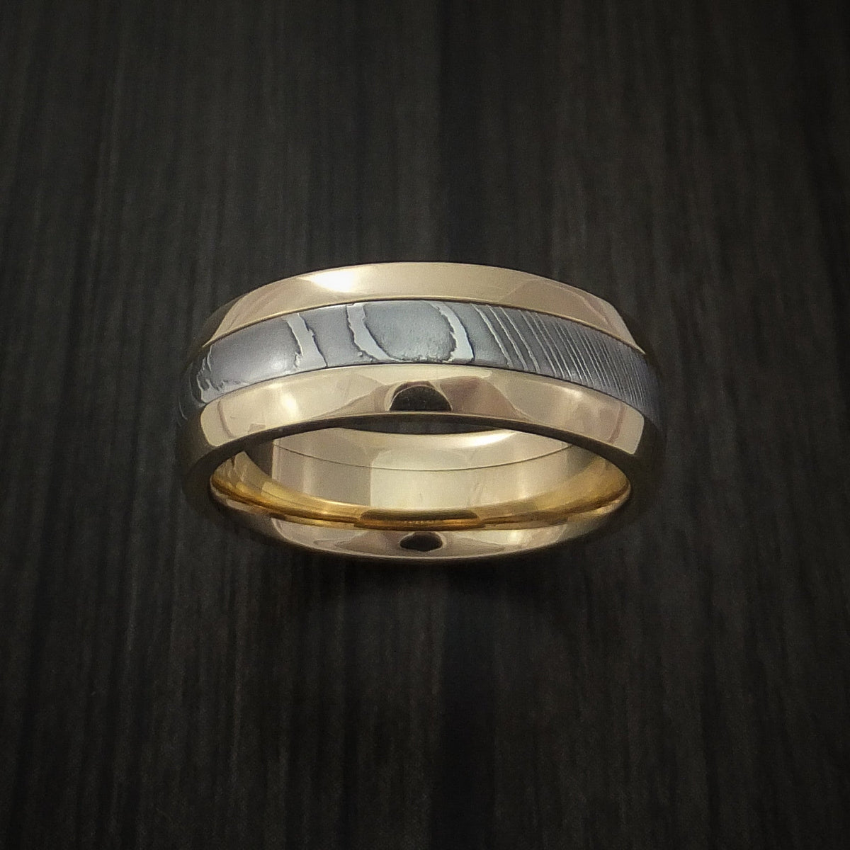 Waitakere XI - Damascus Steel 10k Yellow Gold Men's Ring Wedding Ring - view 2 - Nura Lab