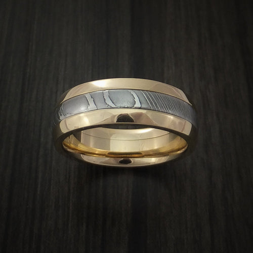 Waitakere XI - Damascus Steel 10k Yellow Gold Men's Ring Wedding Ring - view 2 - Nura Lab