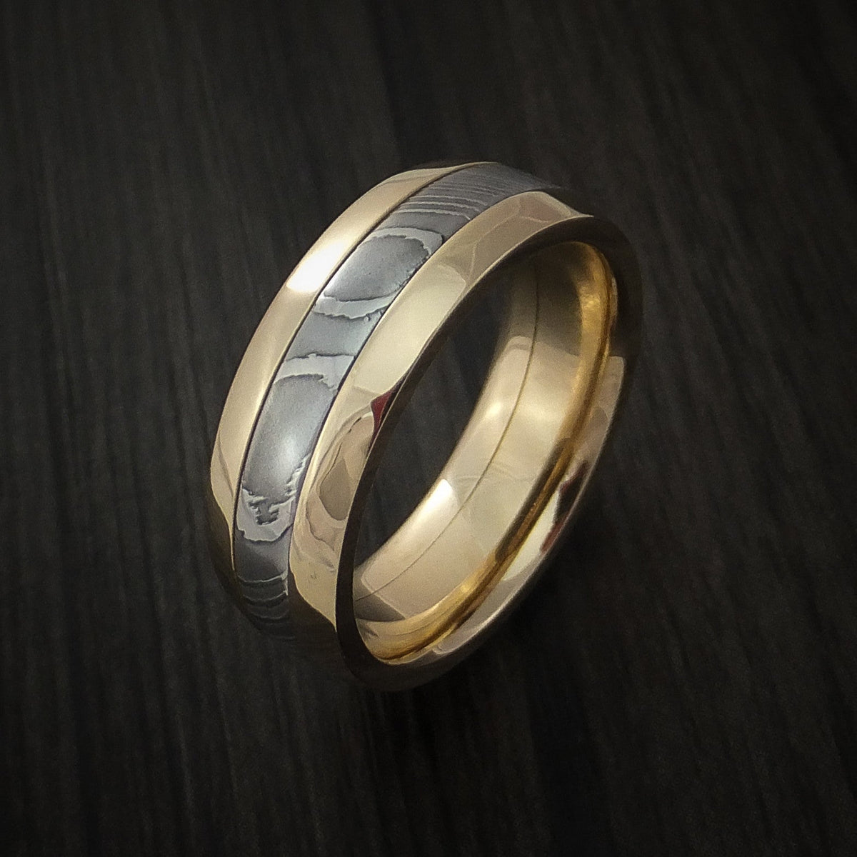 Waitakere XI - Damascus Steel 10k Yellow Gold Men's Ring Wedding Ring - view 4 - Nura Lab