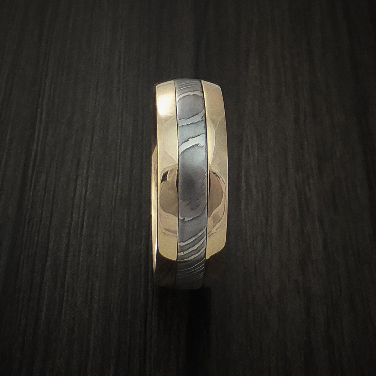 Waitakere XI - Damascus Steel 10k Yellow Gold Men's Ring Wedding Ring - view 3 - Nura Lab