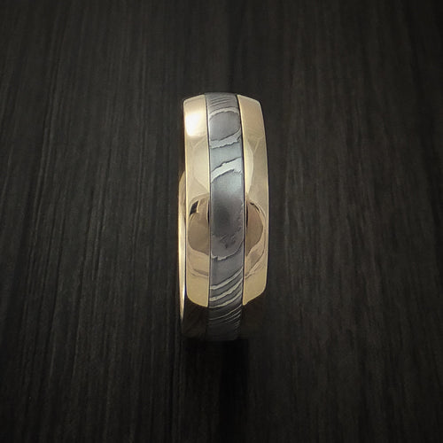 Waitakere XI - Damascus Steel 10k Yellow Gold Men's Ring Wedding Ring - view 3 - Nura Lab