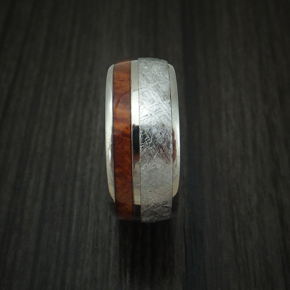 Dominion VII - Titanium Men's Wedding Ring with Meteorite and Desert Ironwood Burl Wood Band - view 3 - Nura Lab