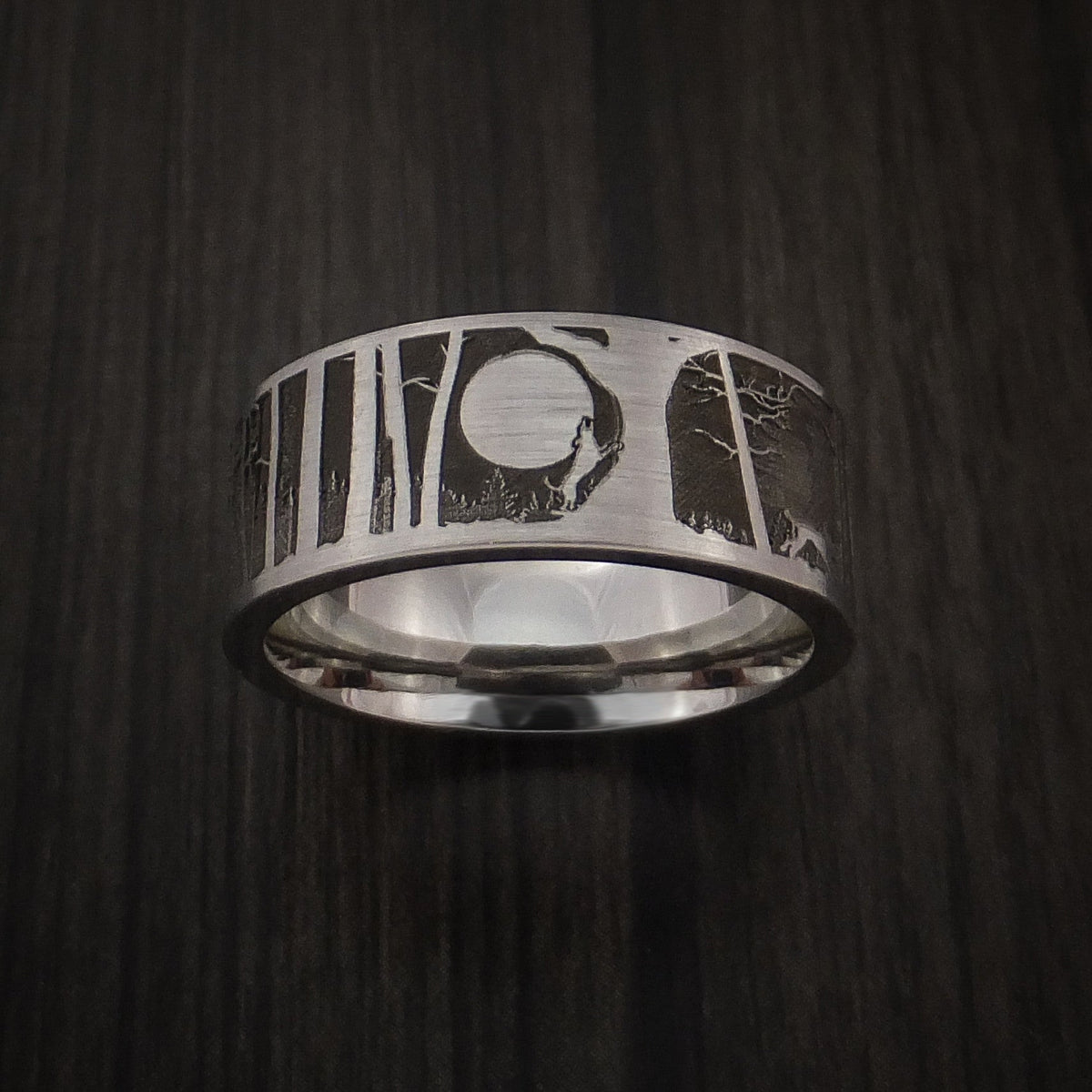 Blackstone XII - Bear and Dog in the Woods Hunter Wedding Men's Wedding Ring Cobalt Chrome Band - view 3 - Nura Lab