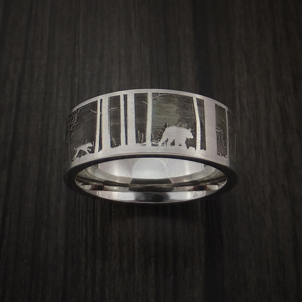 Blackstone XII - Bear and Dog in the Woods Hunter Wedding Men's Wedding Ring Cobalt Chrome Band - view 6 - Nura Lab