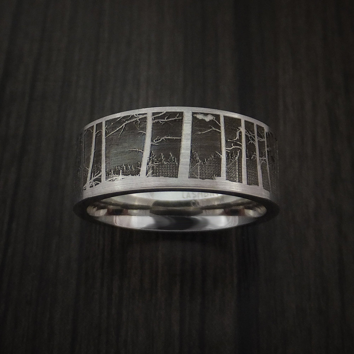 Blackstone XII - Bear and Dog in the Woods Hunter Wedding Men's Wedding Ring Cobalt Chrome Band - view 5 - Nura Lab