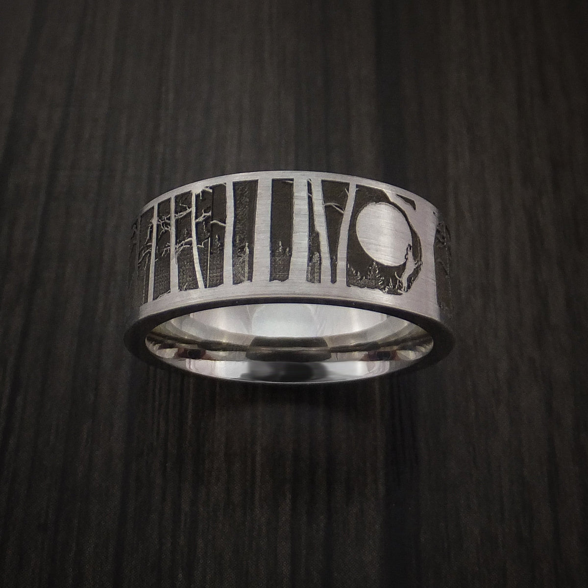 Blackstone XII - Bear and Dog in the Woods Hunter Wedding Men's Wedding Ring Cobalt Chrome Band - view 4 - Nura Lab