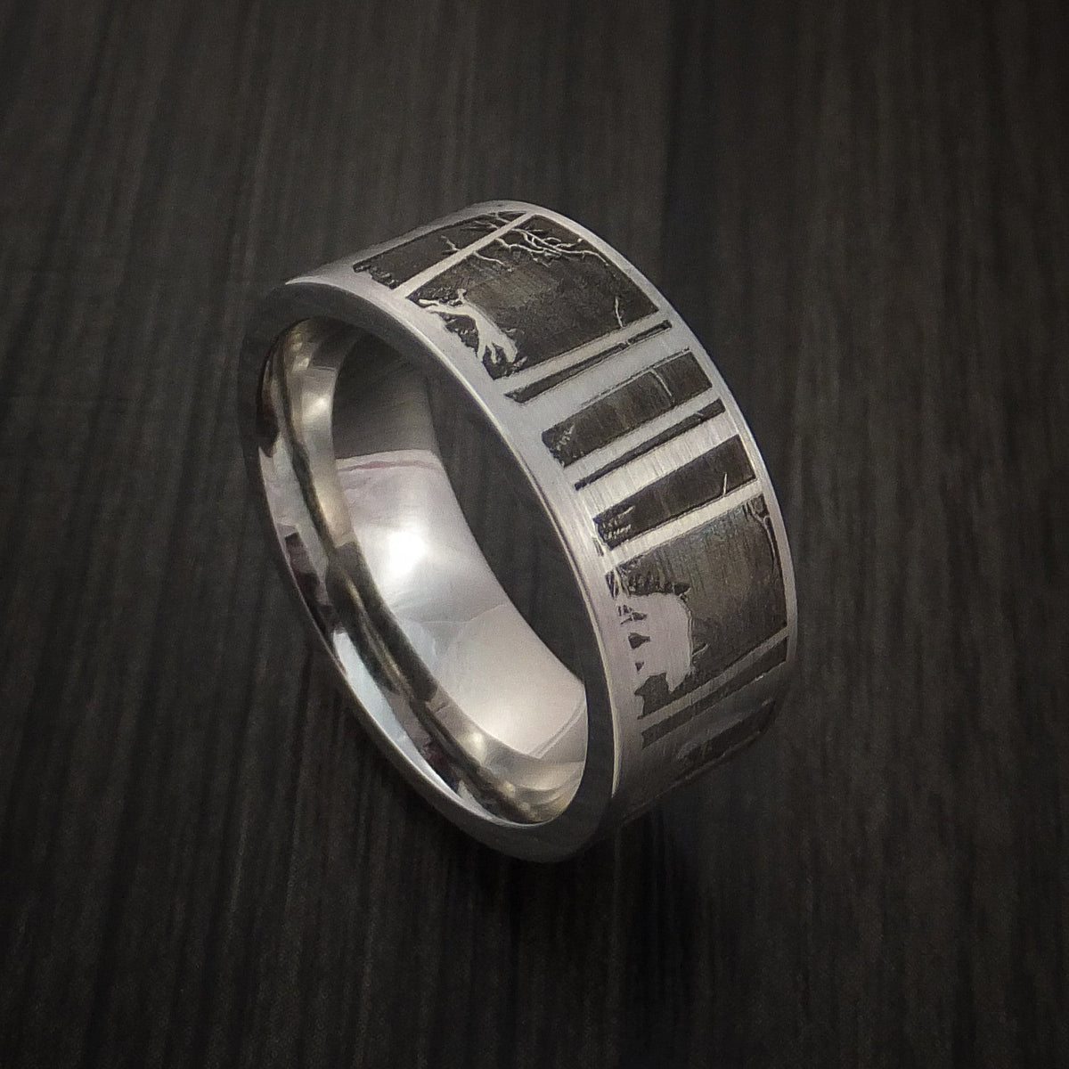 Blackstone XII - Bear and Dog in the Woods Hunter Wedding Men's Wedding Ring Cobalt Chrome Band - Nura Lab