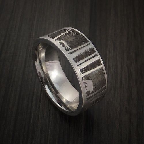 Blackstone XII - Bear and Dog in the Woods Hunter Wedding Men's Wedding Ring Cobalt Chrome Band - Nura Lab