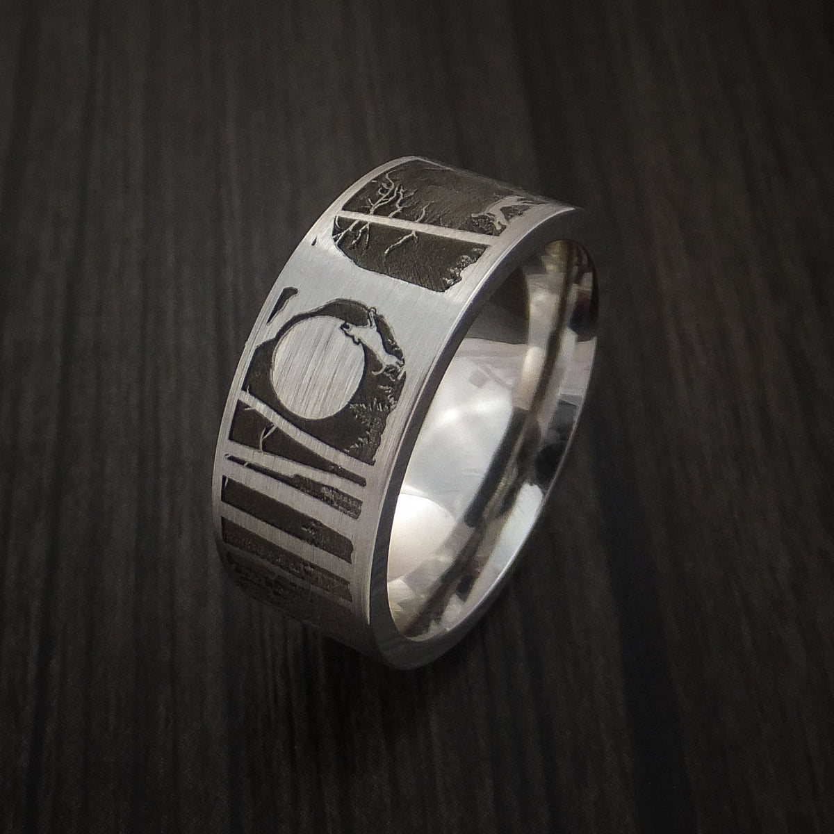 Blackstone XII - Bear and Dog in the Woods Hunter Wedding Men's Wedding Ring Cobalt Chrome Band - view 2 - Nura Lab