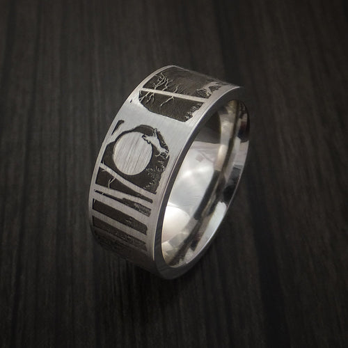 Blackstone XII - Bear and Dog in the Woods Hunter Wedding Men's Wedding Ring Cobalt Chrome Band - view 2 - Nura Lab