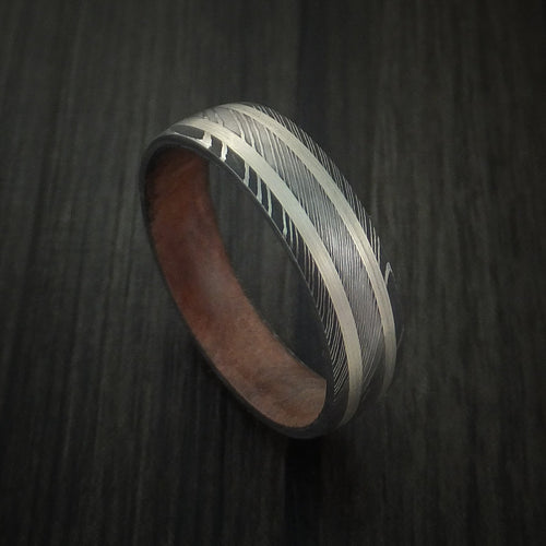 King Henry X - Damascus Steel Men's Wedding Ring with Silver Inlays and Hard Wood Sleeve - Nura Lab