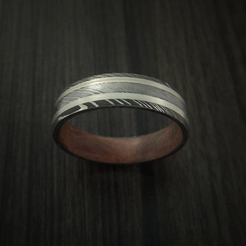 King Henry X - Damascus Steel Men's Wedding Ring with Silver Inlays and Hard Wood Sleeve - view 2 - Nura Lab