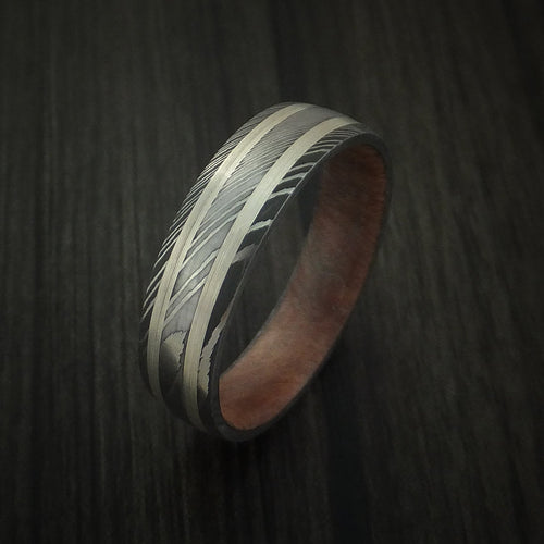 King Henry X - Damascus Steel Men's Wedding Ring with Silver Inlays and Hard Wood Sleeve - view 3 - Nura Lab