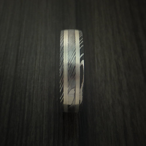 King Henry X - Damascus Steel Men's Wedding Ring with Silver Inlays and Hard Wood Sleeve - view 4 - Nura Lab
