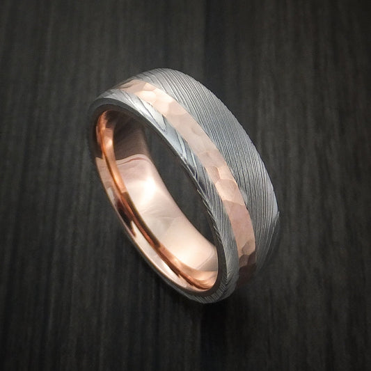 Midnight IX - Damascus Steel Men's Wedding Ring with 14K Rose Gold Hammered Inlay and Gold Sleeve Band - Nura Lab