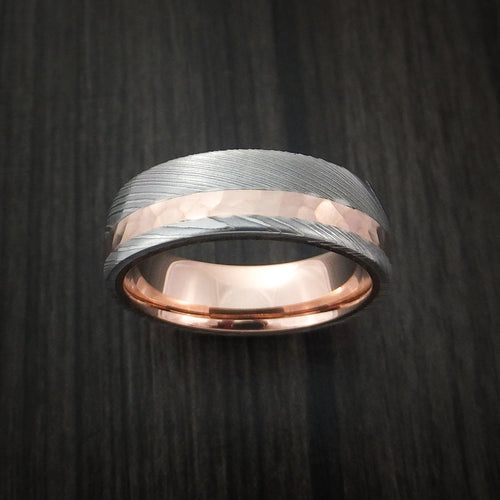 Midnight IX - Damascus Steel Men's Wedding Ring with 14K Rose Gold Hammered Inlay and Gold Sleeve Band - view 2 - Nura Lab