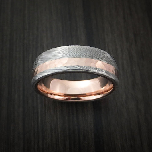 Midnight IX - Damascus Steel Men's Wedding Ring with 14K Rose Gold Hammered Inlay and Gold Sleeve Band - view 2 - Nura Lab