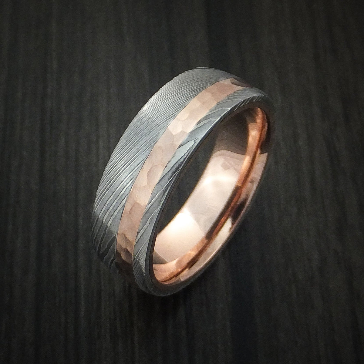 Midnight IX - Damascus Steel Men's Wedding Ring with 14K Rose Gold Hammered Inlay and Gold Sleeve Band - view 3 - Nura Lab
