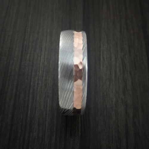 Midnight IX - Damascus Steel Men's Wedding Ring with 14K Rose Gold Hammered Inlay and Gold Sleeve Band - view 4 - Nura Lab
