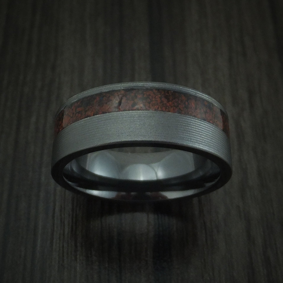 Harbour XVI - Black Zirconium and Red Dinosaur Bone Men's Wedding Ring Fossil Band - view 2 - Nura Lab