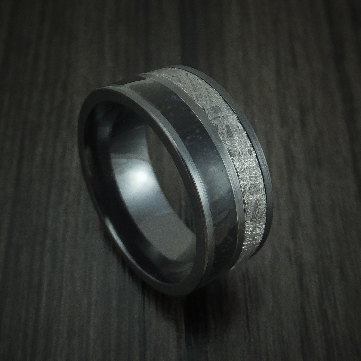 Redwood XVI - Black Zirconium Black Dinosaur Bone and Gibeon Meteorite Men's Wedding Ring Fossil Band - Nura Lab