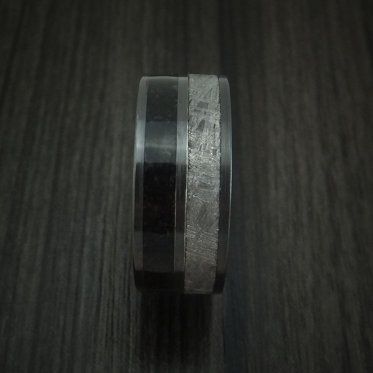 Redwood XVI - Black Zirconium Black Dinosaur Bone and Gibeon Meteorite Men's Wedding Ring Fossil Band - view 3 - Nura Lab
