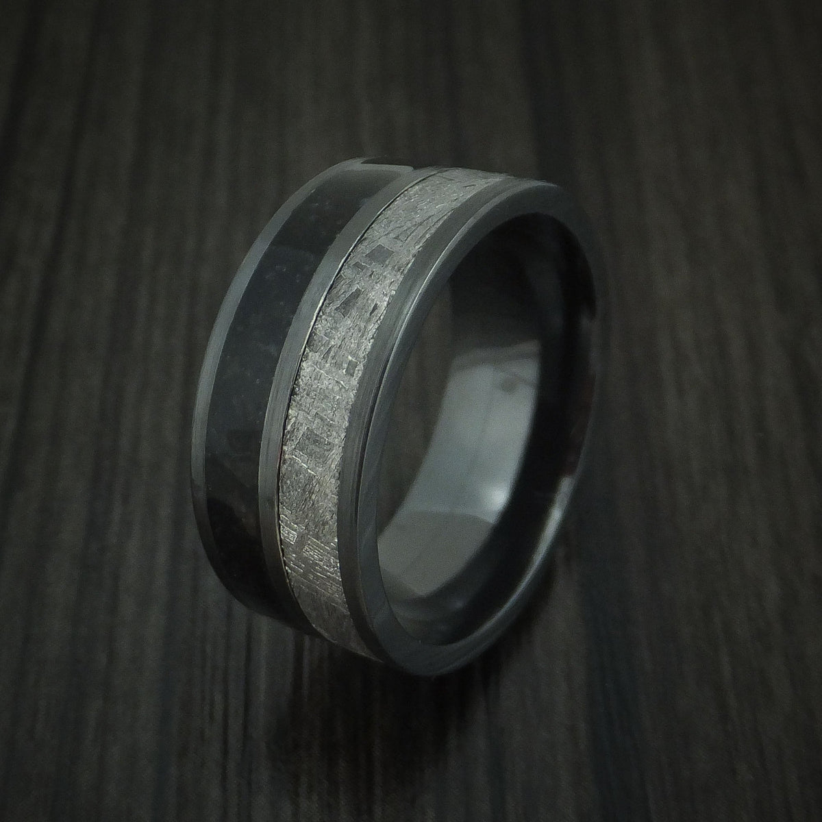 Redwood XVI - Black Zirconium Black Dinosaur Bone and Gibeon Meteorite Men's Wedding Ring Fossil Band - view 4 - Nura Lab