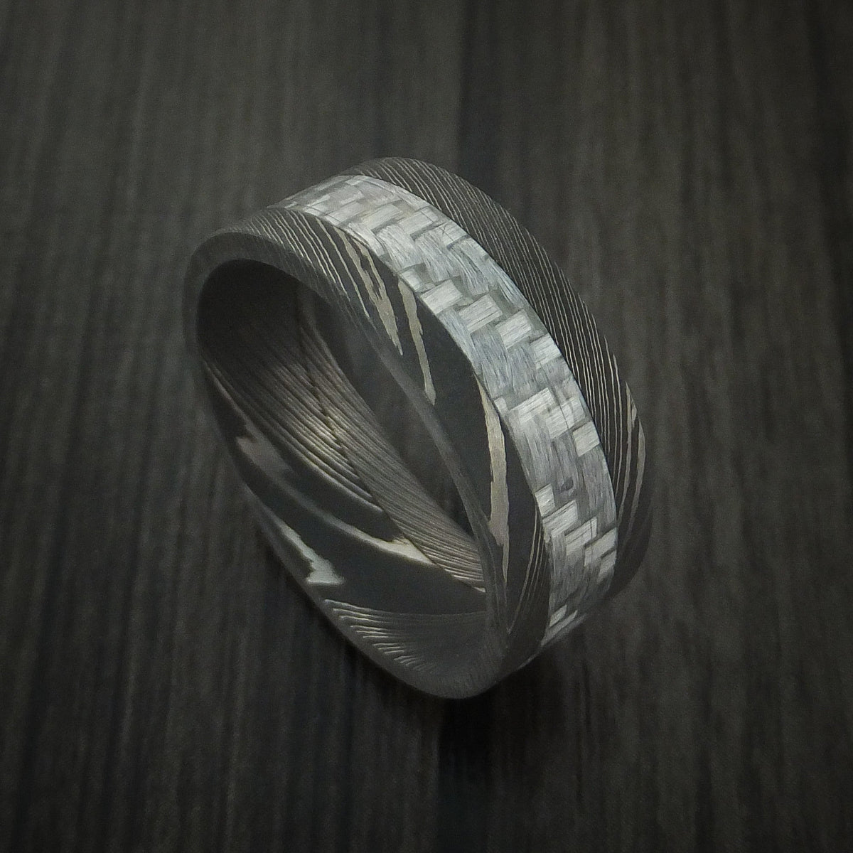 Iron X - Damascus Steel and Carbon Fiber Men's Wedding Ring Band - Nura Lab