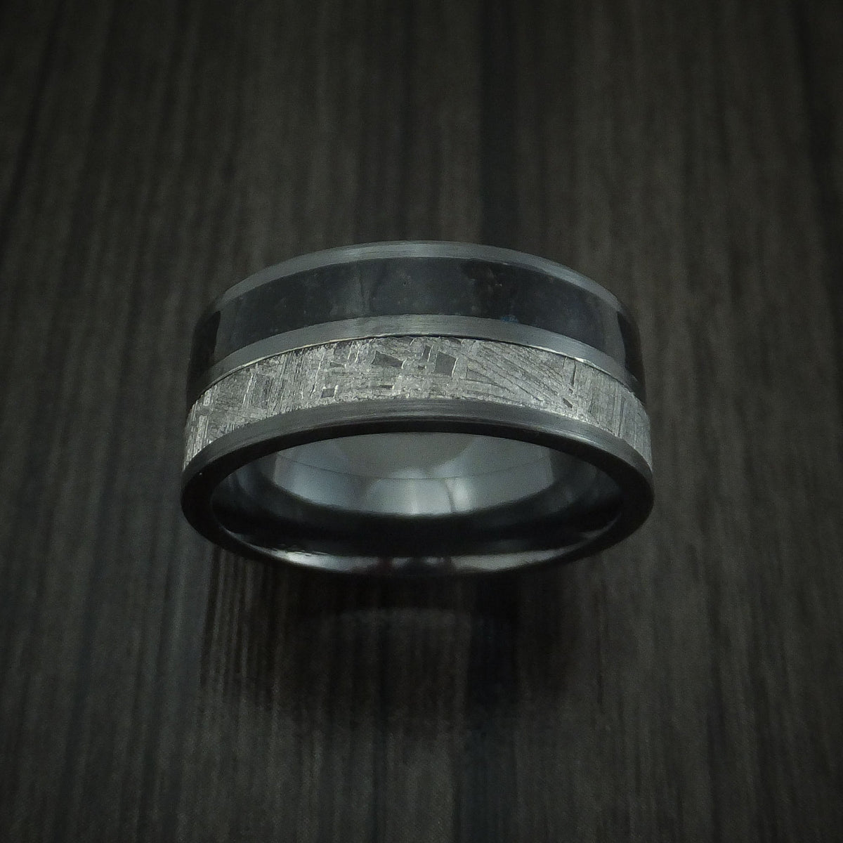 Redwood XVI - Black Zirconium Black Dinosaur Bone and Gibeon Meteorite Men's Wedding Ring Fossil Band - view 2 - Nura Lab