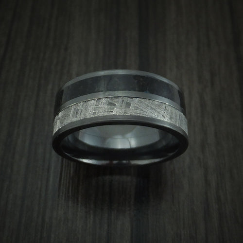 Redwood XVI - Black Zirconium Black Dinosaur Bone and Gibeon Meteorite Men's Wedding Ring Fossil Band - view 2 - Nura Lab