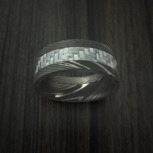 Iron X - Damascus Steel and Carbon Fiber Men's Wedding Ring Band - view 2 - Nura Lab
