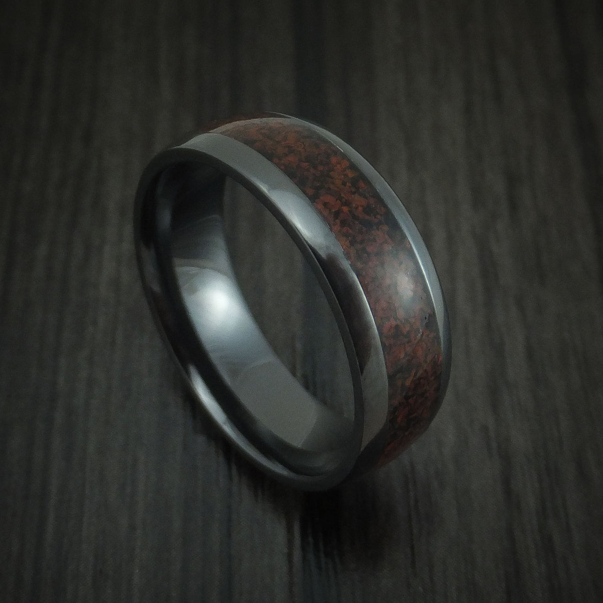 Cedar XVI - Black Zirconium and Red Dinosaur Bone Men's Wedding Ring Fossil Band - Nura Lab