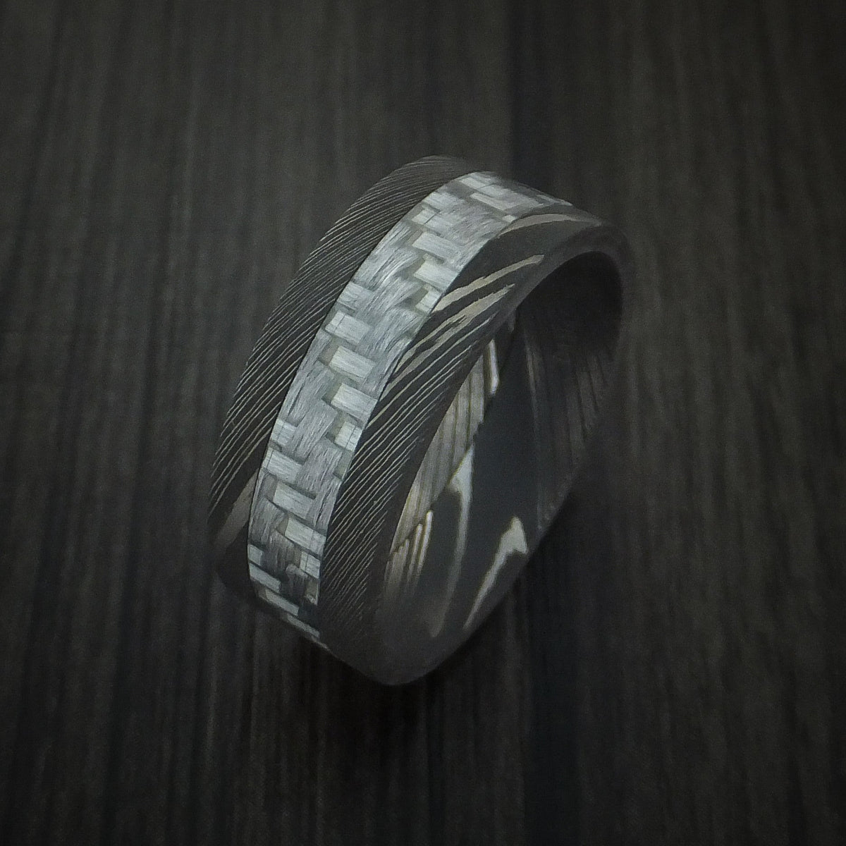 Iron X - Damascus Steel and Carbon Fiber Men's Wedding Ring Band - view 3 - Nura Lab