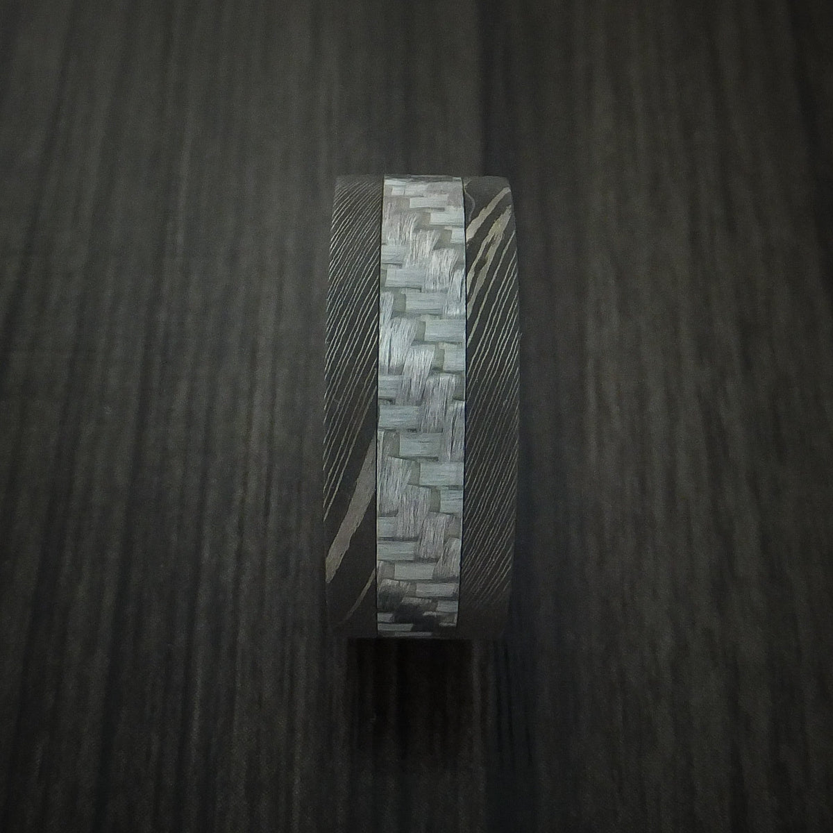 Iron X - Damascus Steel and Carbon Fiber Men's Wedding Ring Band - view 4 - Nura Lab