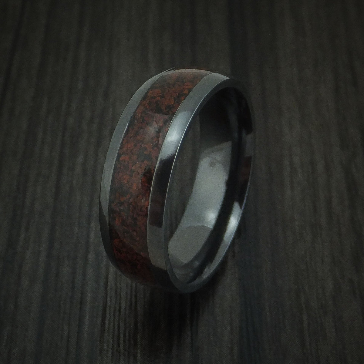 Cedar XVI - Black Zirconium and Red Dinosaur Bone Men's Wedding Ring Fossil Band - view 4 - Nura Lab