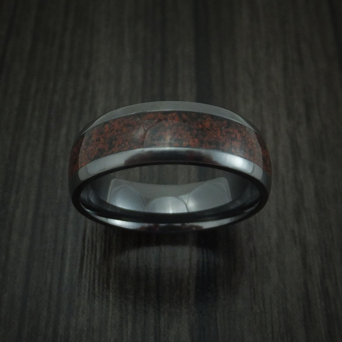 Cedar XVI - Black Zirconium and Red Dinosaur Bone Men's Wedding Ring Fossil Band - view 2 - Nura Lab