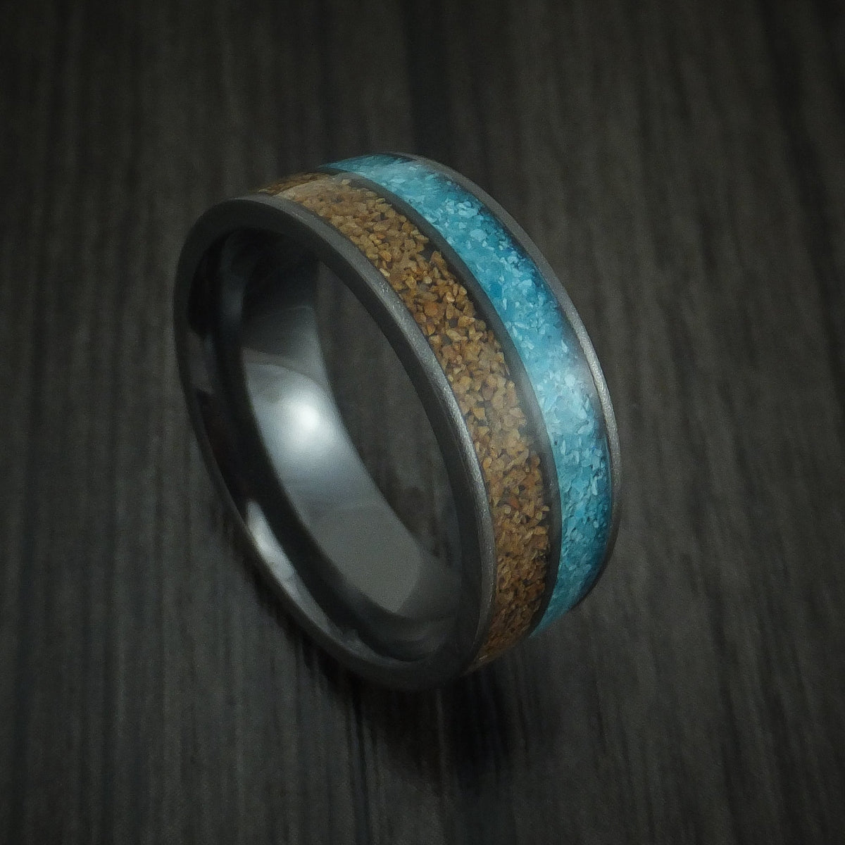 Equinox XVI - Black Zirconium Tan Dinosaur Bone and Turquoise Men's Wedding Ring Fossil Band - Nura Lab