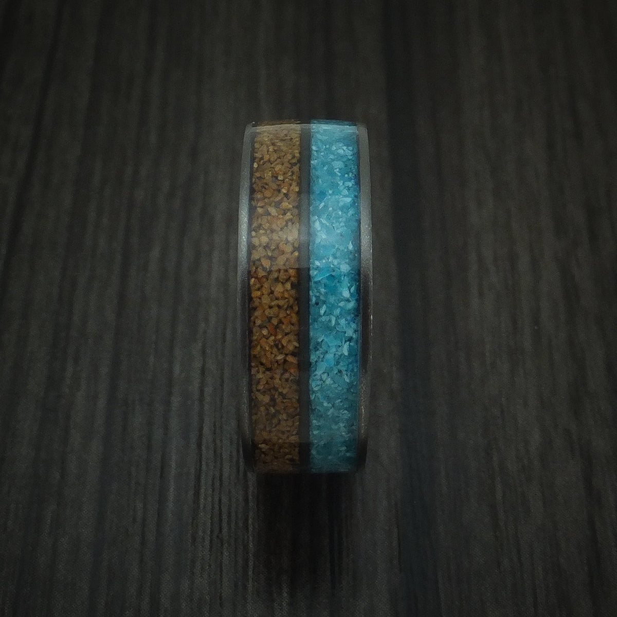 Equinox XVI - Black Zirconium Tan Dinosaur Bone and Turquoise Men's Wedding Ring Fossil Band - view 3 - Nura Lab