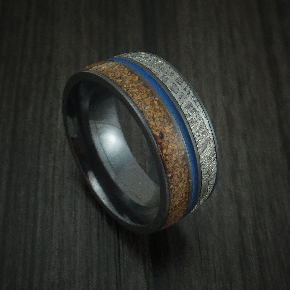 Dynasty XVI - Black Zirconium Tan Dinosaur Bone and Gibeon Meteorite Men's Wedding Ring with Cerakote Inlay Fossil Band - Nura Lab