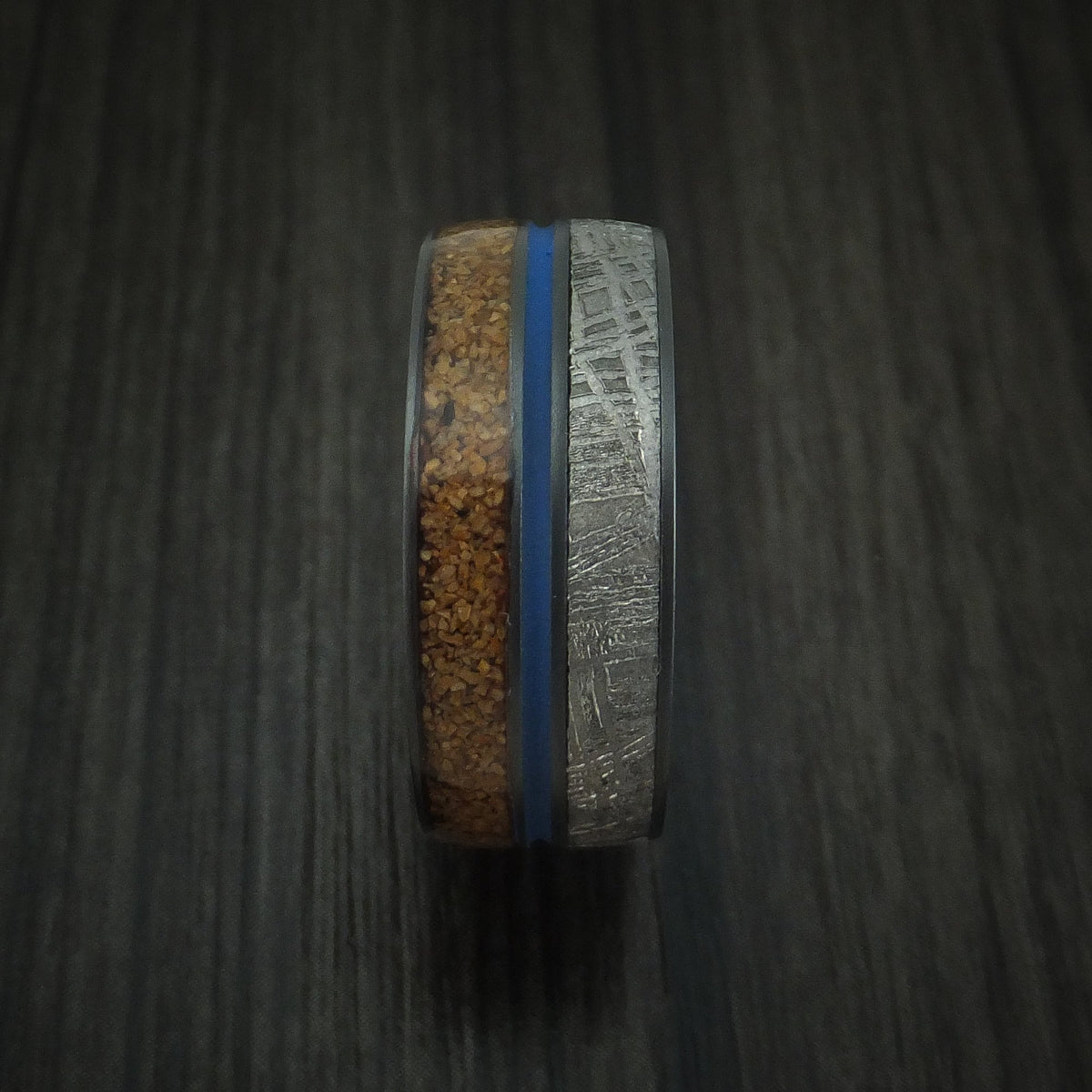 Dynasty XVI - Black Zirconium Tan Dinosaur Bone and Gibeon Meteorite Men's Wedding Ring with Cerakote Inlay Fossil Band - view 3 - Nura Lab